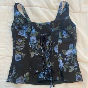 Vintage 2000s/Y2K Silk Lace Up/Corset Floral Top